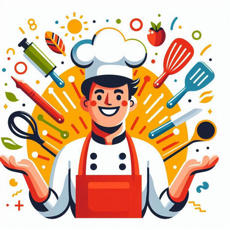 Chef man with kitchen tools. Vector illustration in flat cartoon styleのイラスト素材