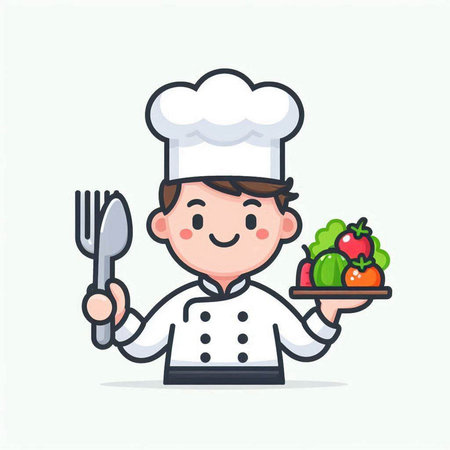 Cute chef holding plate with vegetables and cutlery. Vector illustration.のイラスト素材