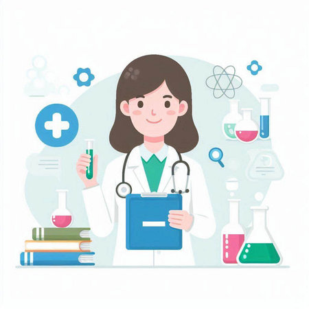 Female doctor in a laboratory. Vector illustration. Flat style design.のイラスト素材