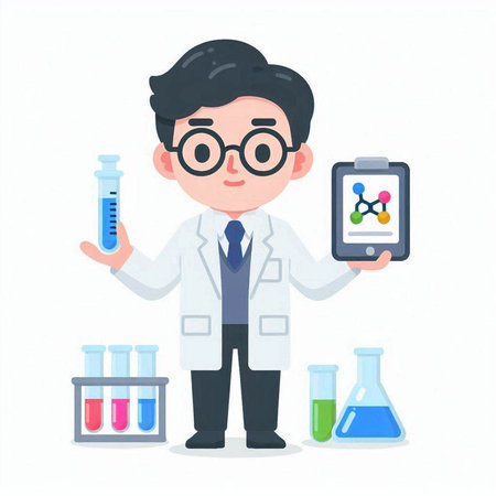 Scientist holding test tube and tablet. Vector illustration in cartoon style.のイラスト素材