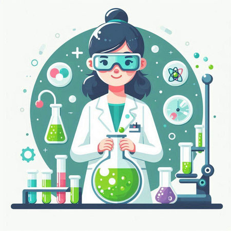 Girl scientist in the laboratory. Vector illustration in a flat style.のイラスト素材