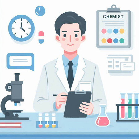 Scientist in laboratory. Vector illustration in flat style. Man in a white coat.のイラスト素材