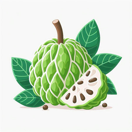 Custard apple with green leaves isolated on white background. Vector illustration.のイラスト素材