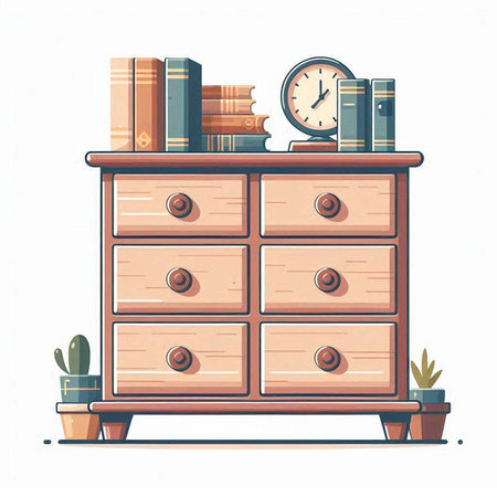 Wooden chest of drawers with books, clock and cactus. Vector illustration.のイラスト素材