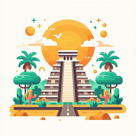 Chichen Itza, Yucatan, Mexico flat vector illustrationのイラスト素材