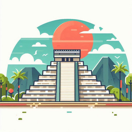 Ancient Mayan pyramid in the desert. Vector illustration in flat styleのイラスト素材