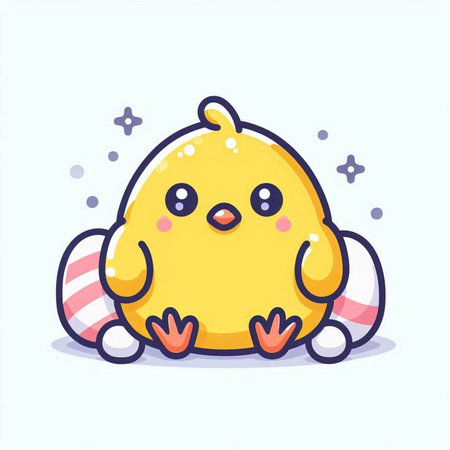 Cute yellow chicken character. Vector flat cartoon kawaii illustrationのイラスト素材