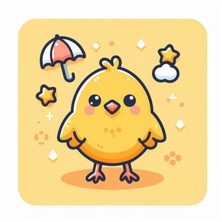 Cute chicken with umbrella and rain drops on yellow background. Vector illustration.のイラスト素材
