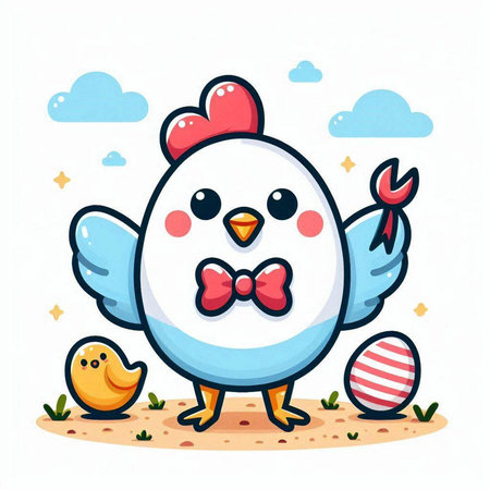 Cute cartoon chicken with bow tie and easter eggs. Vector illustration.のイラスト素材