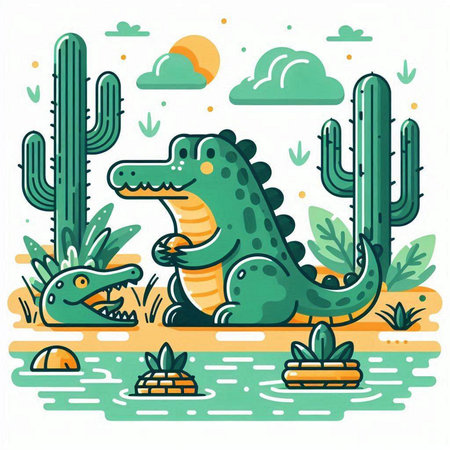 Cute crocodile and cactuses in the desert. Vector illustration.のイラスト素材