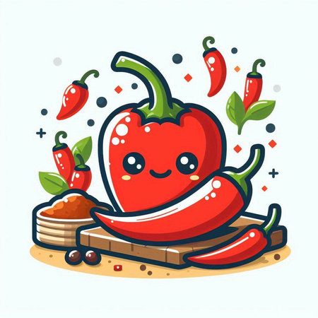 Chilli pepper vector illustration. Cute kawaii chili pepper character.のイラスト素材