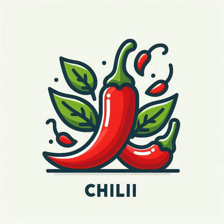 Chili icon. Vector illustration of red chili pepper with green leaves.のイラスト素材