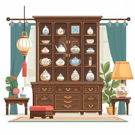 Cupboard with porcelain dishes. Vector illustration in cartoon styleのイラスト素材