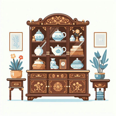 Cabinet with books, bookshelf, cupboard and vase. Vector illustration.のイラスト素材