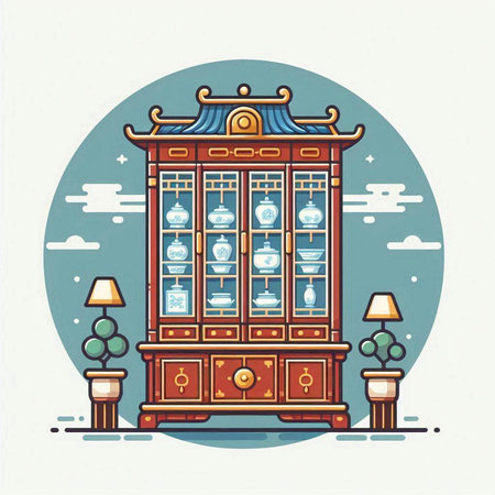 Retro chinese style cabinet with cupboard, vector illustration.のイラスト素材