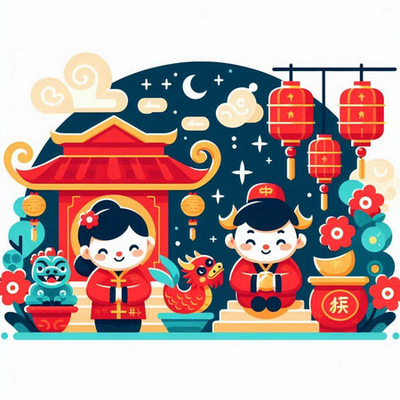 Chinese New Year greeting card with cute cartoon characters, vector illustration.のイラスト素材