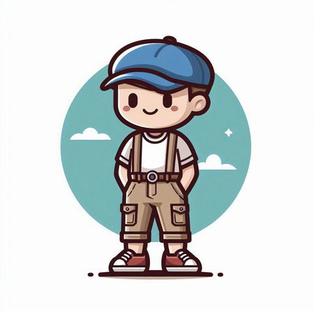 Cute cartoon boy in overalls and cap. Vector illustration.のイラスト素材