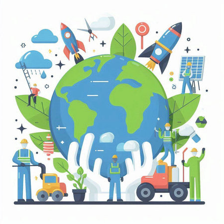 Vector illustration of people working with the planet Earth. Flat style design.のイラスト素材