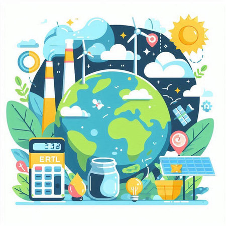 Ecology and environment concept. Solar panels, wind turbines, solar panels, solar batteries, solar jar, calculator. Flat vector illustration.のイラスト素材