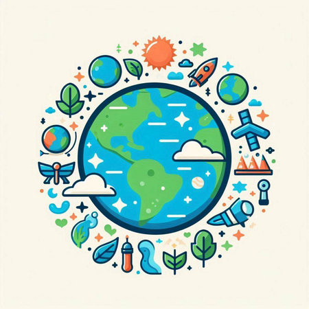 Vector illustration of planet earth in circle shape with doodle elements.のイラスト素材