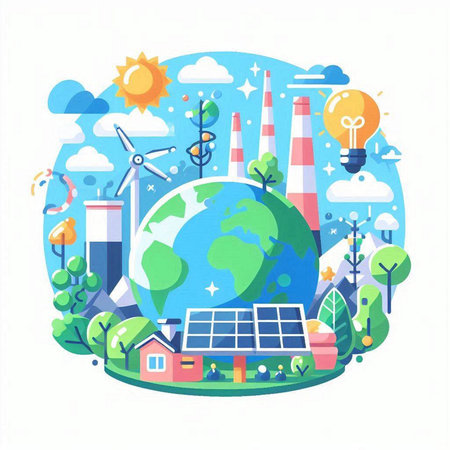 Ecology concept. Solar panels, windmills, solar panels, windmills, wind turbines, solar panels, solar batteries, houses and trees. Vector illustrationのイラスト素材