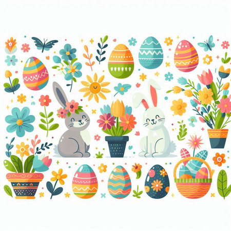 Easter background with eggs, flowers and bunny. Vector illustration.のイラスト素材