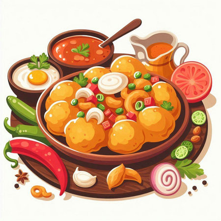 Indian food. Fried dumplings with vegetables and spices. Vector illustrationのイラスト素材
