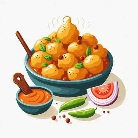 Bowl of chickpea curry with ingredients. Vector illustration.のイラスト素材