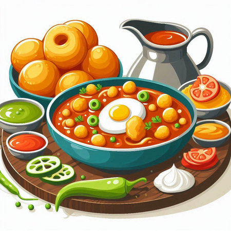 Vector illustration of bowl of hot spicy chickpeas with fried eggのイラスト素材