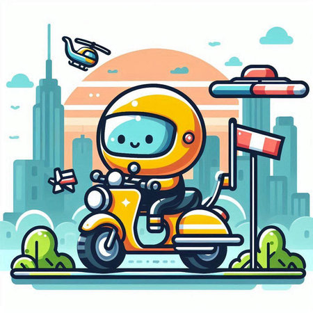 Vector illustration of a cute cartoon astronaut riding a scooter in the city.のイラスト素材