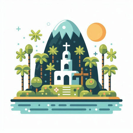 Vector illustration of island with church, palm trees and sea. Flat style.のイラスト素材