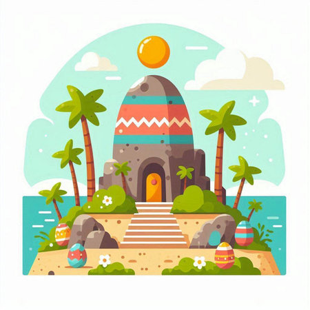 Ancient mayan temple on the beach. Vector illustration in flat styleのイラスト素材