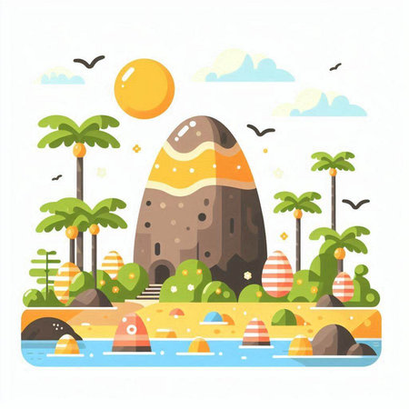 Vector illustration of an island in the sea with palm trees and rocks.のイラスト素材