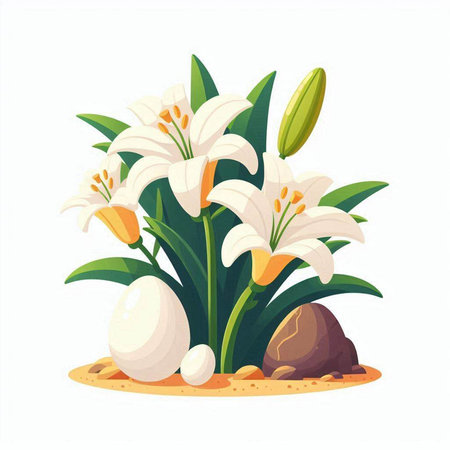 Easter egg and lily flowers. Vector illustration on white background.のイラスト素材