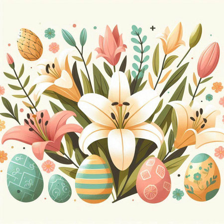 Easter background with flowers, eggs and lily. Vector illustration.のイラスト素材