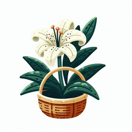 White lily in a basket on a white background. Vector illustration.のイラスト素材