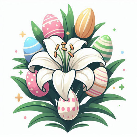 Easter eggs and lily flower bouquet. Vector illustration.のイラスト素材