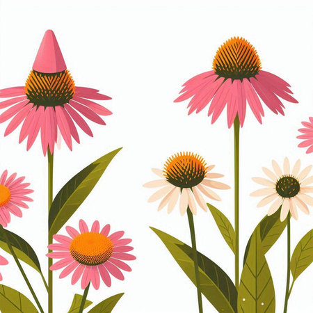 Echinacea flowers with cone isolated on white background. Vector illustration.のイラスト素材
