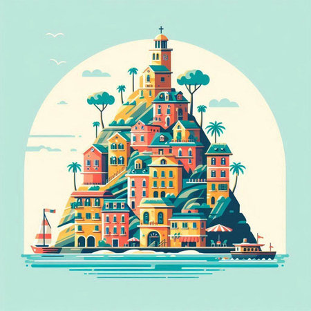 Vector illustration of a colorful island in the middle of the sea. Flat style.のイラスト素材
