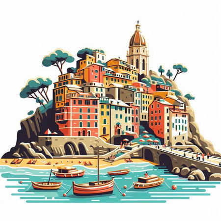 Cinque Terre, Liguria Italy. Colorful vector illustration in vintage styleのイラスト素材