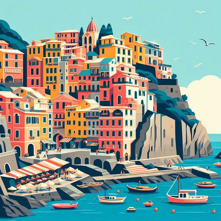 Vintage style vector illustration of Riomaggiore, Italyのイラスト素材