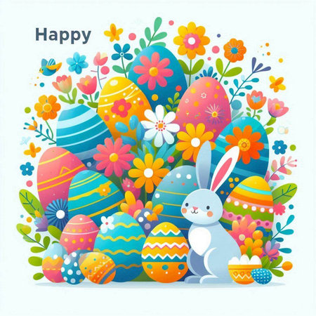 Happy Easter card with colorful eggs, bunny and flowers. Vector illustration.のイラスト素材