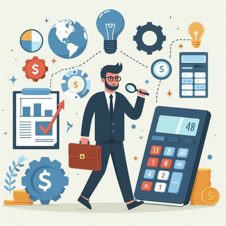 Businessman with magnifier and calculator. Vector illustration in flat styleのイラスト素材