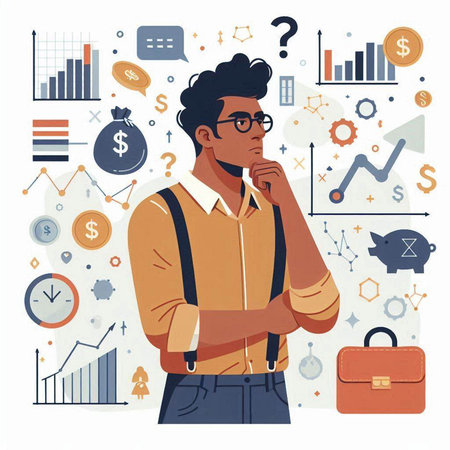 Young african american businessman thinking about financial problem. Vector illustrationのイラスト素材