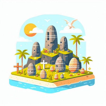 Easter island with eggs and crosses. Vector illustration in flat styleのイラスト素材