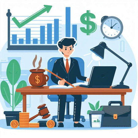 Businessman working in office. Vector illustration in flat cartoon style.のイラスト素材