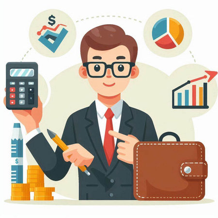 Businessman with calculator and wallet. Vector illustration in flat style.のイラスト素材