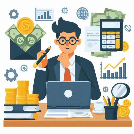 Businessman working in office. Vector illustration in flat cartoon style.のイラスト素材