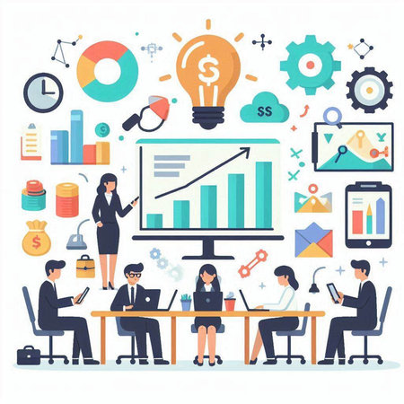 Flat design illustration concepts for business analysis and planning, consulting, team work, project management, financial report. Concepts web banner and printed materials.のイラスト素材