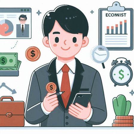 Illustration of a young businessman holding a coin and a mobile phoneのイラスト素材